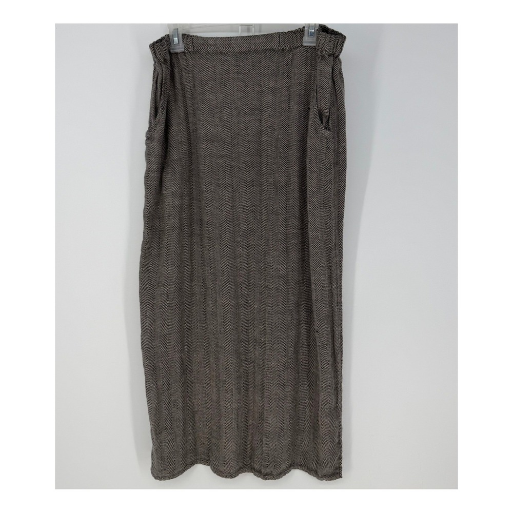 FLAX Maxi Skirt Womens Medium Gray Herringbone 100% Linen Pockets Lagenlook Boho